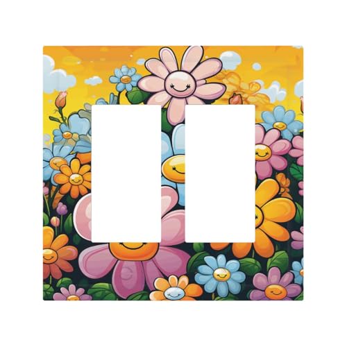 Dekorateur Wandplatte, 2-Gang-Kippschalter-Abdeckung, mittlere Größe, 12,7 x 12,4 cm, einzelne Wippe, Wandplatte, Steckdosensteckerabdeckungen, Cartoon-Blumen, Steckdosenschalter-Abdeckung für von QMNSEHF