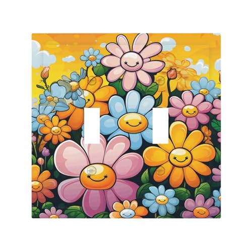 Dekorateur Wandplatte, 2-Gang-Kippschalter-Abdeckung, mittlere Größe, 12,7 x 12,4 cm, einzelne Wippe, Wandplatte, Steckdosensteckerabdeckungen, Cartoon-Blumen, Steckdosenschalter-Abdeckung für von QMNSEHF