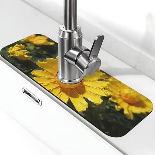 Gelbe Flores Wasserhahnmatte für Küchenspüle, Anti-Rutsch-Wasserhahn-Pad, Spritzfänger, Kieselgur, schnell trocknender Stein, Wasserhahngriff, Tropfenfänger-Tablett, Matte für Badezimmer, Waschbecken von QMNSEHF