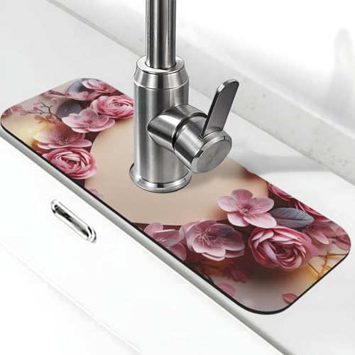 Karten-Herzform Blumen Wasserhahn Matte für Küchenspüle, Anti-Rutsch-Wasserhahn-Pad, Spritzfänger, Kieselgur, schnell trocknender Stein, Wasserhahngriff, Tropffänger-Tablett, Matte für Badezimmer von QMNSEHF