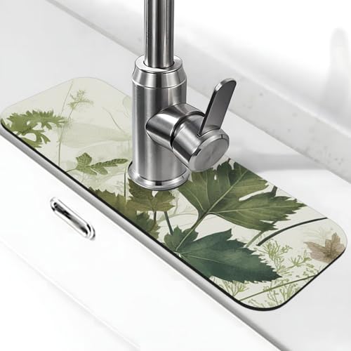 Laub- und Kräuter-Wasserhahnmatte für Küchenspüle, Anti-Rutsch-Wasserhahn-Pad, Spritzfänger, Kieselgur, schnell trocknender Stein-Wasserhahn-Griff, Tropfenfänger-Tablett, Matte für Waschbecken von QMNSEHF