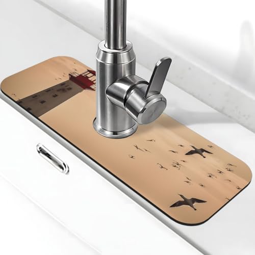 Leuchtturm und Möwe Wasserhahnmatte für Küchenspüle, Anti-Rutsch-Wasserhahn-Pad, Spritzfänger, Kieselgur, schnell trocknender Stein-Wasserhahn-Griff, Tropffänger-Tablett, Matte für Waschbecken Leuchtturm und Möwe Wasserhahnmatte für Küchenspüle, Anti-Rutsch-Wasserhahn-Pad, Spritzfänger, Kieselgur, schnell trocknender Stein-Wasserhahn-Griff, Tropffänger-Tablett, Matte für Waschbecken von QMNSEHF