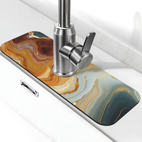 Marmor Moderne Kunst Wasserhahn Matte für Küchenspüle, Anti-Rutsch-Wasserhahn-Pad, Spritzfänger, Kieselgur, schnell trocknender Stein, Wasserhahngriff, Tropfenfänger-Tablett, Matte für Badezimmer von QMNSEHF