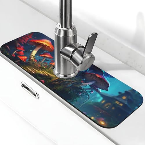 Mysterious Mushroom Wasserhahn Matte für Küchenspüle, Anti-Rutsch-Wasserhahn-Pad, Spritzfänger, Kieselgur, schnell trocknender Stein-Wasserhahn-Griff, Tropffänger-Tablett, Matte für Waschbecken von QMNSEHF