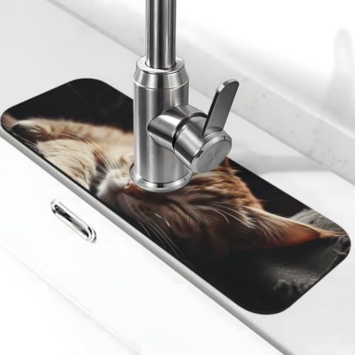 Napping Kitten Wasserhahn Matte für Küchenspüle, Anti-Rutsch-Wasserhahn-Pad, Spritzfänger, Kieselgur, schnell trocknender Stein, Wasserhahngriff, Tropfenfänger-Tablett, Matte für Badezimmer von QMNSEHF