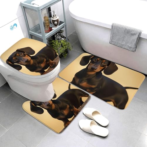 QMNSEHF A Cute Dackel Badezimmerteppich-Set, weich, saugfähig, Badematten und U-förmige Konturmatte, WC-Deckelbezug, rutschfeste Badteppiche für Badezimmer, Duschmatte, 80 x 50 cm, 3-teilig von QMNSEHF