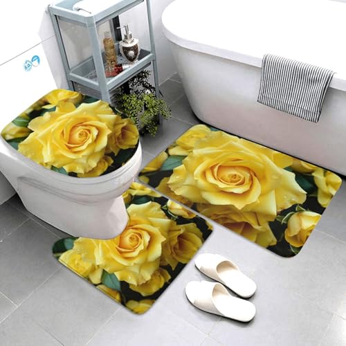 QMNSEHF Anmutige gelbe Rosen-Badezimmerteppich-Set, weich, saugfähig, U-förmige Konturmatte, WC-Deckelbezug, rutschfest, für Badezimmer, Duschmatte, 80 x 50 cm, 3-teilig von QMNSEHF