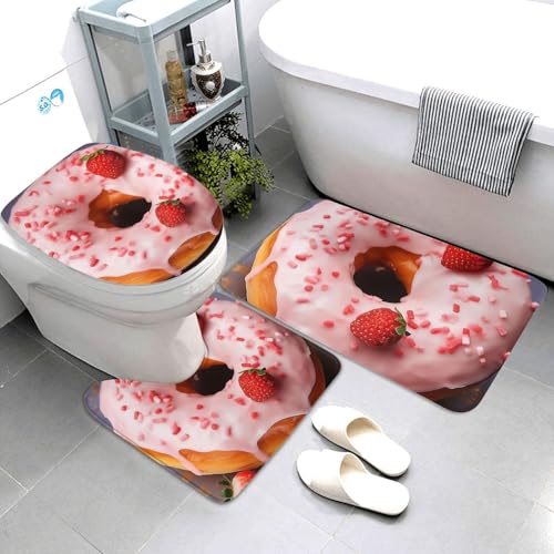 QMNSEHF Badematten-Set mit Erdbeer-Donut-Motiv, weich, saugfähig, U-förmige Konturmatte, WC-Deckelbezug, rutschfest, für Badezimmer, Duschmatte, 80 x 50 cm, 3-teilig QMNSEHF Badematten-Set mit Erdbeer-Donut-Motiv, weich, saugfähig, U-förmige Konturmatte, WC-Deckelbezug, rutschfest, für Badezimmer, Duschmatte, 80 x 50 cm, 3-teilig von QMNSEHF