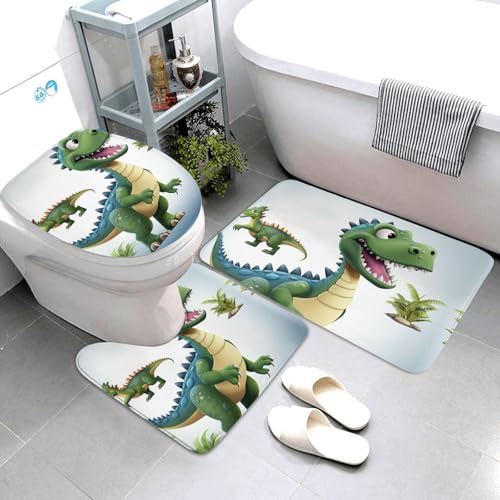 QMNSEHF Badezimmerteppich-Set, Cartoon-Dinosaurier-Bilder, weich, saugfähig, U-förmige Konturmatte, WC-Deckelbezug, rutschfest, für Badezimmer, Duschmatte, 80 x 50 cm, 3-teilig QMNSEHF Badezimmerteppich-Set, Cartoon-Dinosaurier-Bilder, weich, saugfähig, U-förmige Konturmatte, WC-Deckelbezug, rutschfest, für Badezimmer, Duschmatte, 80 x 50 cm, 3-teilig von QMNSEHF