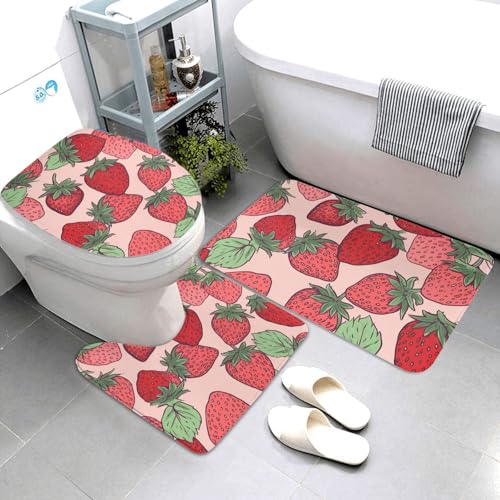 QMNSEHF Badezimmerteppich-Set, Erdbeermuster, weich, saugfähig, U-förmige Konturmatte, WC-Deckelbezug, rutschfest, für Badezimmer, Duschmatte, 80 x 50 cm, 3-teilig QMNSEHF Badezimmerteppich-Set, Erdbeermuster, weich, saugfähig, U-förmige Konturmatte, WC-Deckelbezug, rutschfest, für Badezimmer, Duschmatte, 80 x 50 cm, 3-teilig von QMNSEHF