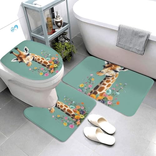 QMNSEHF Badezimmerteppich-Set, Giraffe mit Blumen, weich, saugfähig, U-förmige Konturmatte, WC-Deckelbezug, rutschfest, für Badezimmer, Duschmatte, 80 x 50 cm, 3-teilig von QMNSEHF