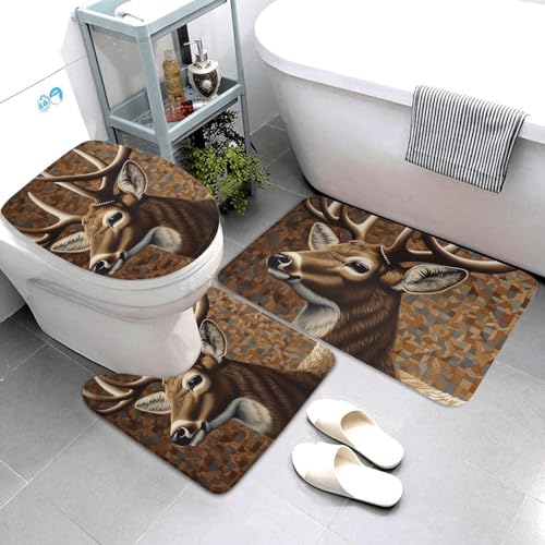 QMNSEHF Badezimmerteppich-Set, Hirsch auf braunem Hintergrund, weich, saugfähig, U-förmige Konturmatte, WC-Deckelbezug, rutschfest, für Badezimmer, Duschmatte, 80 x 50 cm, 3-teilig von QMNSEHF