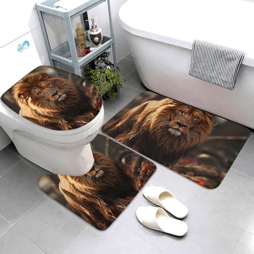 QMNSEHF Badezimmerteppich-Set, Löwenbild, weich, saugfähig, U-förmige Konturmatte, WC-Deckelbezug, rutschfest, Badteppiche für Badezimmer, Duschmatte, 80 x 50 cm, 3-teilig von QMNSEHF