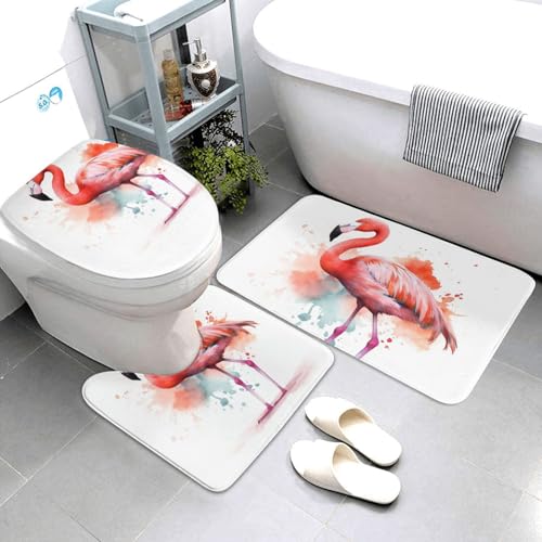 QMNSEHF Badezimmerteppich-Set, Motiv: Aquarell, Flamingo, weich, saugfähig, U-förmige Konturmatte, WC-Deckelbezug, rutschfest, für Badezimmer, Duschmatte, 80 x 50 cm, 3-teilig QMNSEHF Badezimmerteppich-Set, Motiv: Aquarell, Flamingo, weich, saugfähig, U-förmige Konturmatte, WC-Deckelbezug, rutschfest, für Badezimmer, Duschmatte, 80 x 50 cm, 3-teilig von QMNSEHF