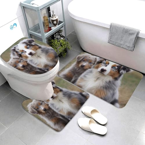 QMNSEHF Badezimmerteppich-Set, Motiv: Australischer Schäferhund, weich, saugfähig, U-förmige Konturmatte, WC-Deckelbezug, rutschfest, für Badezimmer, Duschmatte, 80 x 50 cm, 3-teilig QMNSEHF Badezimmerteppich-Set, Motiv: Australischer Schäferhund, weich, saugfähig, U-förmige Konturmatte, WC-Deckelbezug, rutschfest, für Badezimmer, Duschmatte, 80 x 50 cm, 3-teilig von QMNSEHF