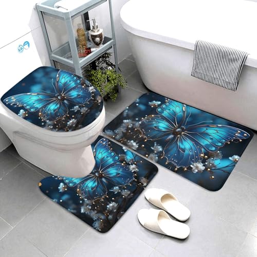 QMNSEHF Badezimmerteppich-Set, Motiv: Blauer Schmetterling und Mond, weich, saugfähig, U-förmige Konturmatte, WC-Deckelbezug, rutschfest, für Badezimmer, Duschmatte, 80 x 50 cm, 3-teilig von QMNSEHF