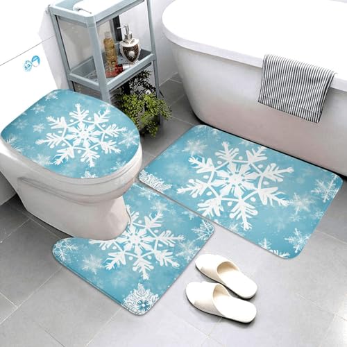 QMNSEHF Badezimmerteppich-Set, Motiv: Winter-Schneeflocke, weich, saugfähig, U-förmige Konturmatte, WC-Deckelbezug, rutschfest, für Badezimmer, Duschmatte, 80 x 50 cm, 3-teilig von QMNSEHF