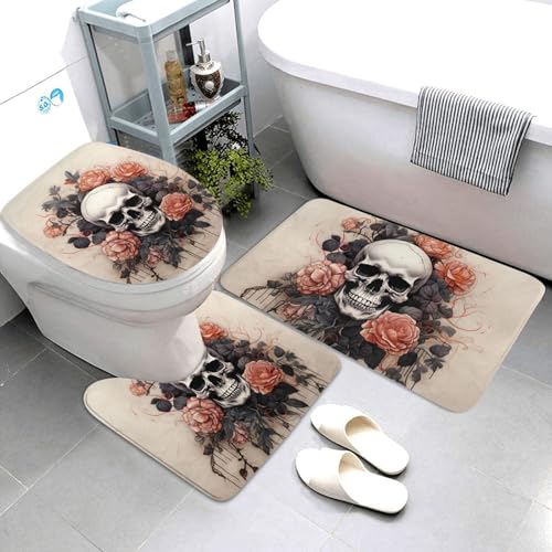 QMNSEHF Badezimmerteppich-Set, Motiv: antiker Totenkopf und Blumen, weich, saugfähig, U-förmige Konturmatte, WC-Deckelbezug, rutschfest, für Badezimmer, Duschmatte, 80 x 50 cm, 3-teilig von QMNSEHF