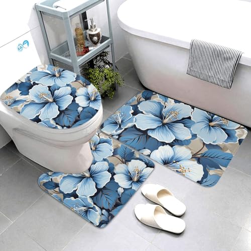 QMNSEHF Badezimmerteppich-Set, Motiv: blaue Hibiskusblüte, weich, saugfähig, U-förmige Konturmatte, WC-Deckelbezug, rutschfest, für Badezimmer, Duschmatte, 80 x 50 cm, 3-teilig QMNSEHF Badezimmerteppich-Set, Motiv: blaue Hibiskusblüte, weich, saugfähig, U-förmige Konturmatte, WC-Deckelbezug, rutschfest, für Badezimmer, Duschmatte, 80 x 50 cm, 3-teilig von QMNSEHF