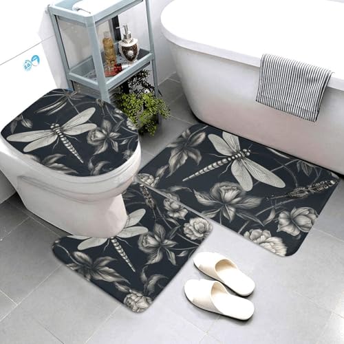 QMNSEHF Badezimmerteppich-Set, Motiv: schwarze Blumen und Libellen, weich, saugfähig, U-förmige Konturmatte, WC-Deckelbezug, rutschfest, für Badezimmer, Duschmatte, 80 x 50 cm, 3-teilig von QMNSEHF