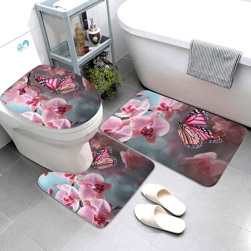 QMNSEHF Badezimmerteppich-Set, Orchidee, Blume, Schmetterling, weich, saugfähig, U-förmige Konturmatte, WC-Deckelbezug, rutschfest, für Badezimmer, Duschmatte, 80 x 50 cm, 3-teilig von QMNSEHF
