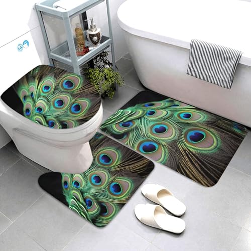 QMNSEHF Badezimmerteppich-Set, Pfauenfedern, weich, saugfähig, U-förmige Konturmatte, WC-Deckelbezug, rutschfest, für Badezimmer, Duschmatte, 80 x 50 cm, Grün, 3 Stück QMNSEHF Badezimmerteppich-Set, Pfauenfedern, weich, saugfähig, U-förmige Konturmatte, WC-Deckelbezug, rutschfest, für Badezimmer, Duschmatte, 80 x 50 cm, Grün, 3 Stück von QMNSEHF
