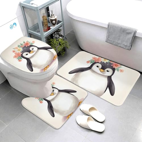 QMNSEHF Badezimmerteppich-Set, Pinguin mit Blumen, weich, saugfähig, U-förmige Konturmatte, WC-Deckelbezug, rutschfest, für Badezimmer, Duschmatte, 80 x 50 cm, 3-teilig QMNSEHF Badezimmerteppich-Set, Pinguin mit Blumen, weich, saugfähig, U-förmige Konturmatte, WC-Deckelbezug, rutschfest, für Badezimmer, Duschmatte, 80 x 50 cm, 3-teilig von QMNSEHF