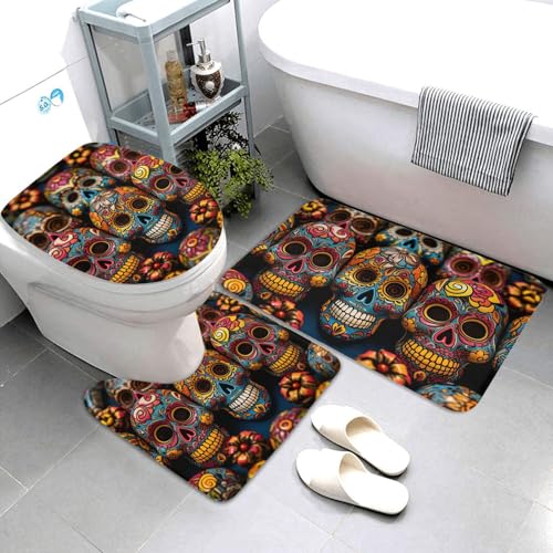 QMNSEHF Badezimmerteppich-Set, buntes Totenkopf-Design, weich, saugfähig, U-förmige Konturmatte, WC-Deckelbezug, rutschfest, für Badezimmer, Duschmatte, 80 x 50 cm, 3-teilig von QMNSEHF