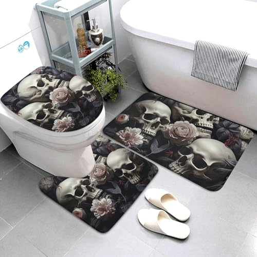 QMNSEHF Badezimmerteppich-Set mit Blumen und Totenkopf, weich, saugfähig, U-förmige Konturmatte, WC-Deckelbezug, rutschfeste Badteppiche für Badezimmer, Duschmatte, 80 x 50 cm, 3-teilig QMNSEHF Badezimmerteppich-Set mit Blumen und Totenkopf, weich, saugfähig, U-förmige Konturmatte, WC-Deckelbezug, rutschfeste Badteppiche für Badezimmer, Duschmatte, 80 x 50 cm, 3-teilig von QMNSEHF