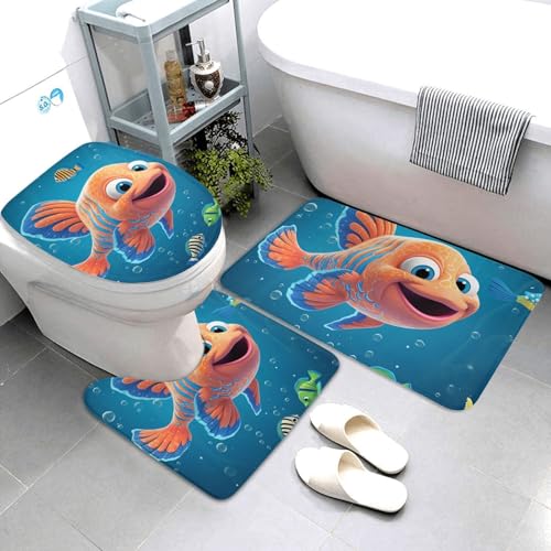 QMNSEHF Badezimmerteppich-Set mit Cartoon-Seefischmotiv, weich, saugfähig, U-förmige Konturmatte, WC-Deckelbezug, rutschfest, Badteppiche für Badezimmer, Duschmatte, 80 x 50 cm, 3-teilig von QMNSEHF