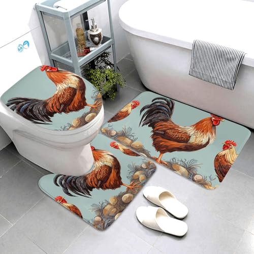 QMNSEHF Badezimmerteppich-Set mit Hühner-Aufdruck, weich, saugfähig, U-förmige Konturmatte, WC-Deckelbezug, rutschfeste Badteppiche für Badezimmer, Duschmatte, 80 x 50 cm, 3-teilig QMNSEHF Badezimmerteppich-Set mit Hühner-Aufdruck, weich, saugfähig, U-förmige Konturmatte, WC-Deckelbezug, rutschfeste Badteppiche für Badezimmer, Duschmatte, 80 x 50 cm, 3-teilig von QMNSEHF