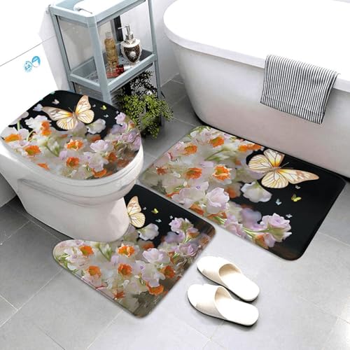 QMNSEHF Badezimmerteppich-Set mit Schmetterlings-Narzissen-Blumen, weich, saugfähig, Badematten und U-förmige Konturmatte, WC-Deckelbezug, rutschfest, für Badezimmer, Duschmatte, 80 x 50 cm, 3-teilig von QMNSEHF