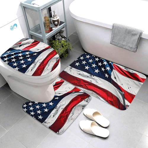 QMNSEHF Badezimmerteppich-Set mit US-Flagge, weich, saugfähig, U-förmige Konturmatte, WC-Deckelbezug, rutschfeste Badteppiche für Badezimmer, Duschmatte, 80 x 50 cm, 3-teilig QMNSEHF Badezimmerteppich-Set mit US-Flagge, weich, saugfähig, U-förmige Konturmatte, WC-Deckelbezug, rutschfeste Badteppiche für Badezimmer, Duschmatte, 80 x 50 cm, 3-teilig von QMNSEHF
