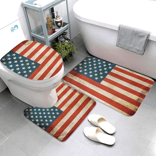 QMNSEHF Badezimmerteppich-Set mit amerikanischer USA-Flagge, weich, saugfähig, U-förmige Konturmatte, WC-Deckelbezug, rutschfest, für Badezimmer, Duschmatte, 80 x 50 cm, 3-teilig QMNSEHF Badezimmerteppich-Set mit amerikanischer USA-Flagge, weich, saugfähig, U-förmige Konturmatte, WC-Deckelbezug, rutschfest, für Badezimmer, Duschmatte, 80 x 50 cm, 3-teilig von QMNSEHF