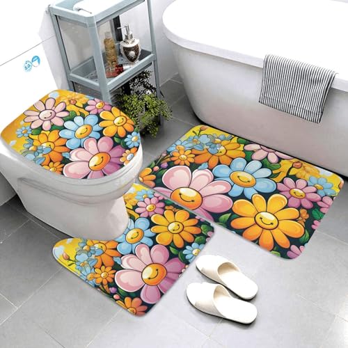 QMNSEHF Badezimmerteppich-Set mit niedlichen Cartoon-Blumen, weich, saugfähig, U-förmige Konturmatte, WC-Deckelbezug, rutschfeste Badteppiche für Badezimmer, Duschmatte, 80 x 50 cm, 3-teilig von QMNSEHF
