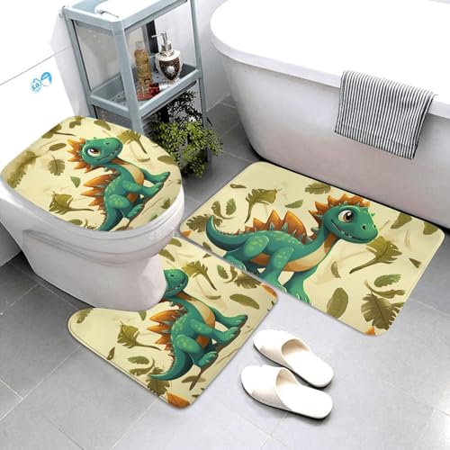 QMNSEHF Badezimmerteppich-Set mit niedlichen Cartoon-Dinosauriern, weich, saugfähig, U-förmige Konturmatte, WC-Deckelbezug, rutschfest, für Badezimmer, Duschmatte, 80 x 50 cm, 3-teilig QMNSEHF Badezimmerteppich-Set mit niedlichen Cartoon-Dinosauriern, weich, saugfähig, U-förmige Konturmatte, WC-Deckelbezug, rutschfest, für Badezimmer, Duschmatte, 80 x 50 cm, 3-teilig von QMNSEHF
