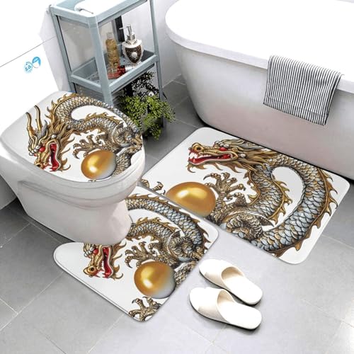 QMNSEHF Badteppich-Set, chinesischer Drache mit Perle, weich, saugfähig, U-förmige Konturmatte, WC-Deckelbezug, rutschfest, für Badezimmer, Duschmatte, 80 x 50 cm, 3-teilig von QMNSEHF