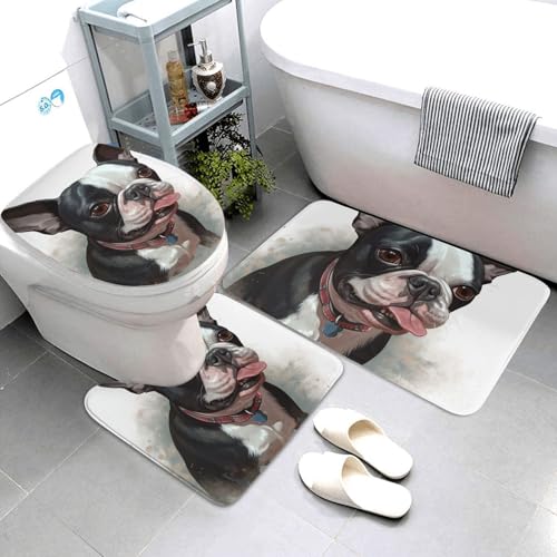 QMNSEHF Boston Terrier Badezimmerteppich-Set, weich, saugfähig, U-förmige Konturmatte, WC-Deckelbezug, rutschfeste Badteppiche für Badezimmer, Duschmatte, 80 x 50 cm, 3-teilig von QMNSEHF