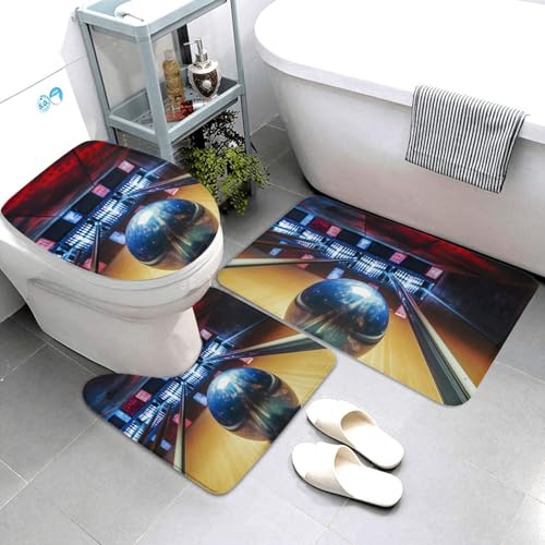 QMNSEHF Bowling-Badezimmerteppich-Set, weich, saugfähig, U-förmige Konturmatte, WC-Deckelbezug, rutschfeste Badteppiche für Badezimmer, Duschmatte, 80 x 50 cm, 3-teilig von QMNSEHF