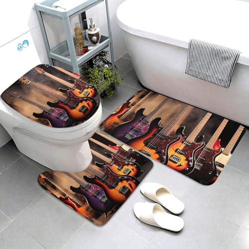 QMNSEHF Cooles Badezimmerteppich-Set mit E-Gitarre, weich, saugfähig, U-förmige Konturmatte, WC-Deckelbezug, rutschfeste Badteppiche für Badezimmer, Duschmatte, 80 x 50 cm, 3-teilig von QMNSEHF