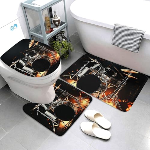 QMNSEHF Drummer Badezimmerteppich-Set, weich, saugfähig, U-förmige Konturmatte, WC-Deckelbezug, rutschfeste Badteppiche für Badezimmer, Duschmatte, 80 x 50 cm, 3-teilig von QMNSEHF