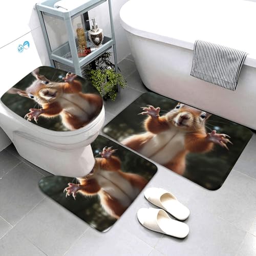 QMNSEHF Eichhörnchen-Badezimmerteppich-Set, 3-teilig, weich, saugfähig, Badematten und U-förmige Konturmatte, WC-Deckelbezug, rutschfeste Badteppiche für Badezimmer, Duschmatte, 80 x 50 cm von QMNSEHF
