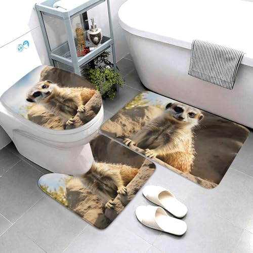 QMNSEHF Erdmännchen-Badezimmerteppich-Set, weich, saugfähig, U-förmige Konturmatte, WC-Deckelbezug, rutschfest, für Badezimmer, Duschmatte, 80 x 50 cm, 3-teilig von QMNSEHF