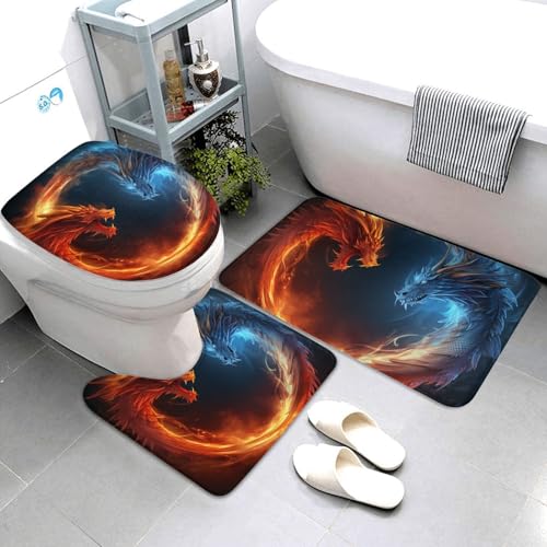 QMNSEHF Fire and Ice Dragons Badezimmerteppich-Set, weich, saugfähig, U-förmige Konturmatte, WC-Deckelbezug, rutschfest, für Badezimmer, Duschmatte, 80 x 50 cm, 3-teilig von QMNSEHF