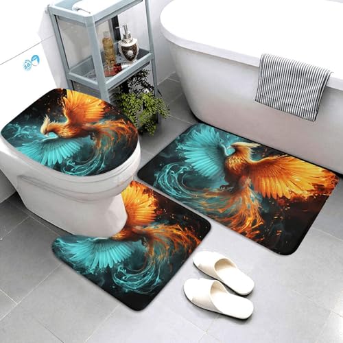 QMNSEHF Fire and Water Phoenix Badezimmerteppich-Set, weich, saugfähig, Badematten und U-förmige Konturmatte, WC-Deckelbezug, rutschfest, für Badezimmer, Duschmatte, 80 x 50 cm, 3-teilig QMNSEHF Fire and Water Phoenix Badezimmerteppich-Set, weich, saugfähig, Badematten und U-förmige Konturmatte, WC-Deckelbezug, rutschfest, für Badezimmer, Duschmatte, 80 x 50 cm, 3-teilig von QMNSEHF