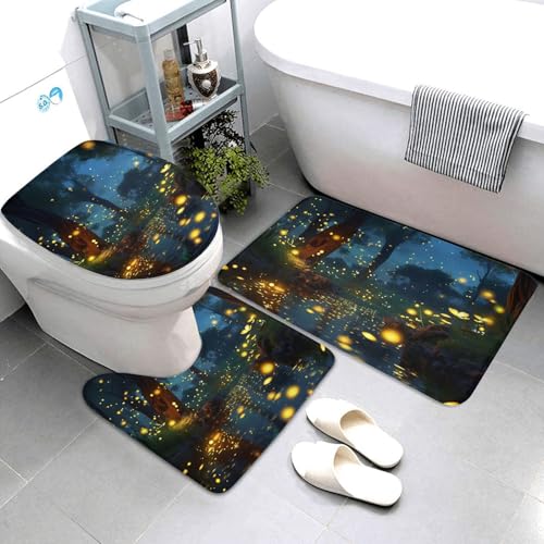 QMNSEHF Fireflies Badezimmerteppich-Set, weich, saugfähig, U-förmige Konturmatte, WC-Deckelbezug, rutschfeste Badteppiche für Badezimmer, Duschmatte, 80 x 50 cm, 3-teilig von QMNSEHF