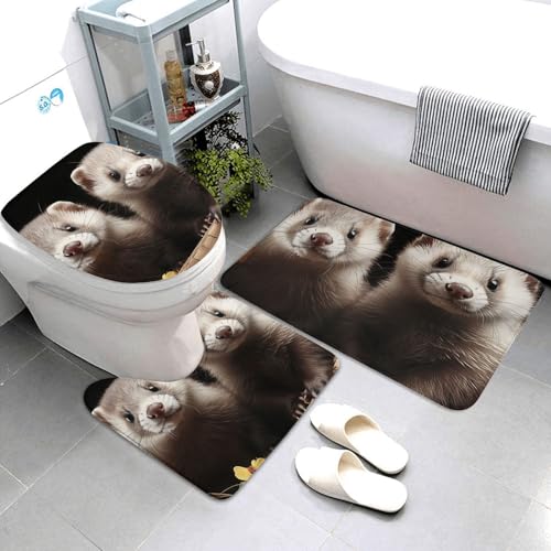 QMNSEHF Frettchen-Badezimmerteppich-Set, weich, saugfähig, U-förmige Konturmatte, WC-Deckelbezug, rutschfest, für Badezimmer, Duschmatte, 80 x 50 cm, 3-teilig von QMNSEHF