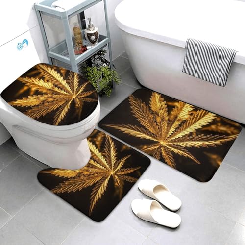 QMNSEHF Golden Cannabis Badezimmerteppich-Set, weich, saugfähig, U-förmige Konturmatte, WC-Deckelbezug, rutschfest, für Badezimmer, Duschmatte, 80 x 50 cm, 3-teilig QMNSEHF Golden Cannabis Badezimmerteppich-Set, weich, saugfähig, U-förmige Konturmatte, WC-Deckelbezug, rutschfest, für Badezimmer, Duschmatte, 80 x 50 cm, 3-teilig von QMNSEHF