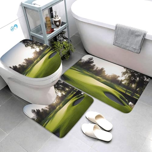 QMNSEHF Golfplatz-Badezimmerteppich-Set, weich, saugfähig, U-förmige Konturmatte, WC-Deckelbezug, rutschfest, für Badezimmer, Duschmatte, 80 x 50 cm, 3-teilig von QMNSEHF