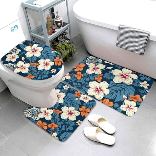 QMNSEHF Hawaii-Blumen-Badezimmerteppich-Set, weich, saugfähig, U-förmige Konturmatte, WC-Deckelbezug, rutschfeste Badteppiche für Badezimmer, Duschmatte, 80 x 50 cm, 3-teilig QMNSEHF Hawaii-Blumen-Badezimmerteppich-Set, weich, saugfähig, U-förmige Konturmatte, WC-Deckelbezug, rutschfeste Badteppiche für Badezimmer, Duschmatte, 80 x 50 cm, 3-teilig von QMNSEHF